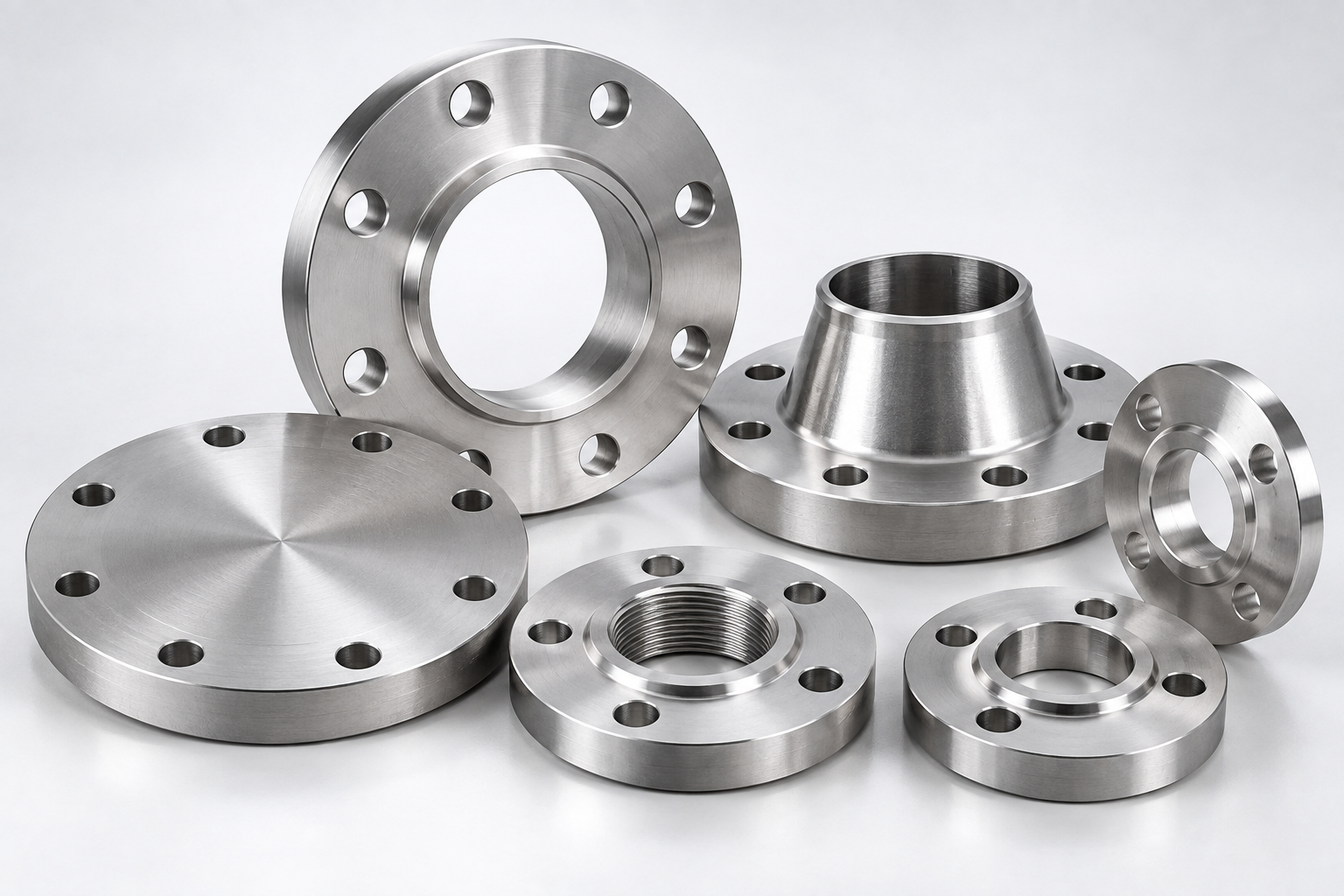 Stainless steel flanges including weld neck slip-on blind threaded and socket weld flanges