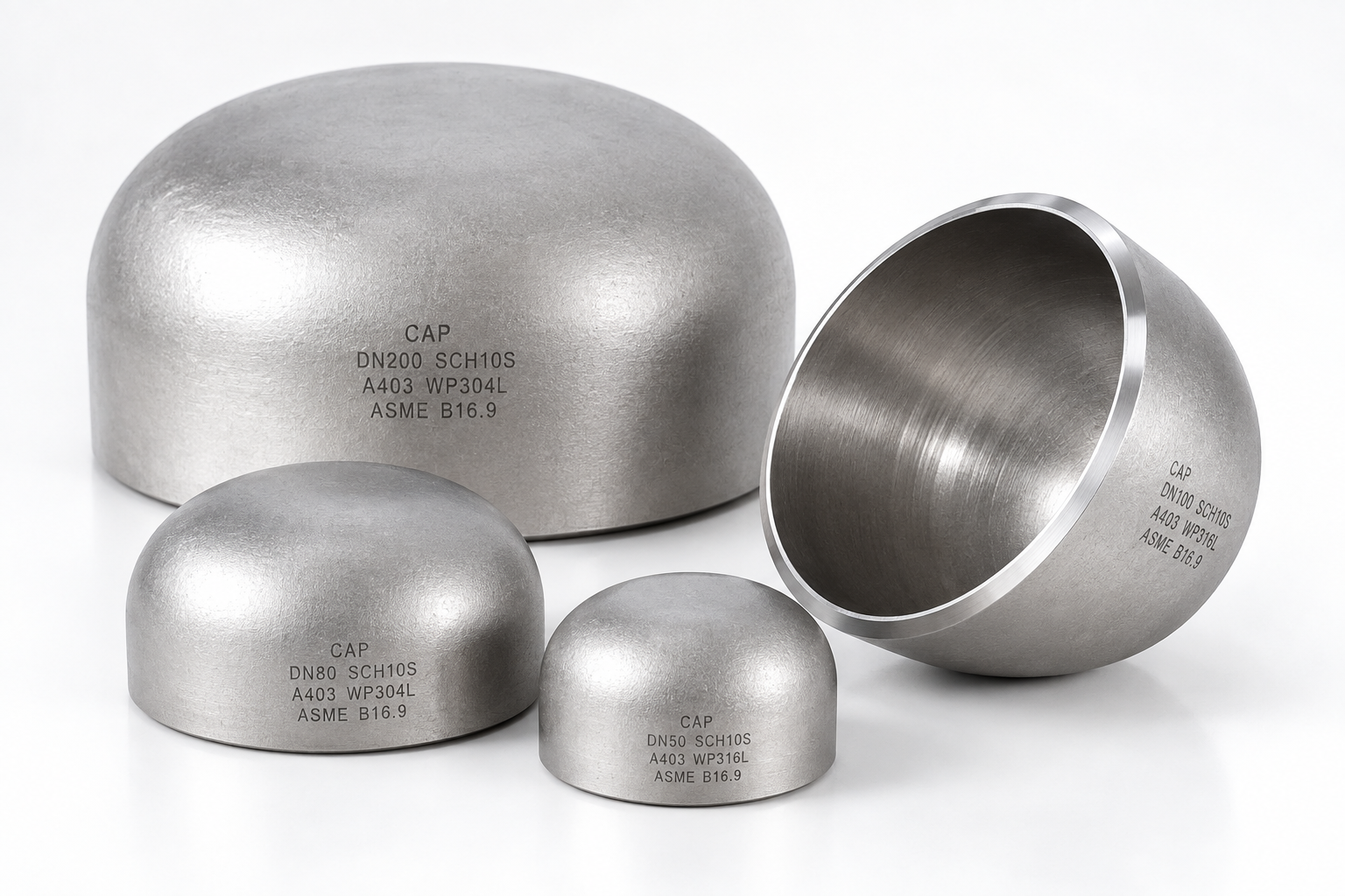 Stainless steel butt weld pipe caps for industrial piping systems