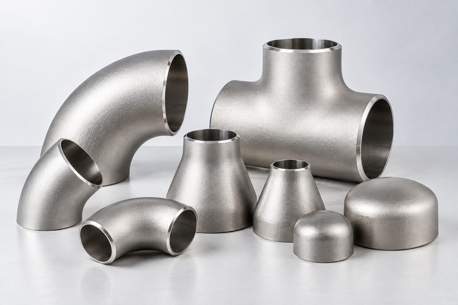 Stainless steel pipe fittings including elbows, tees, reducers and caps